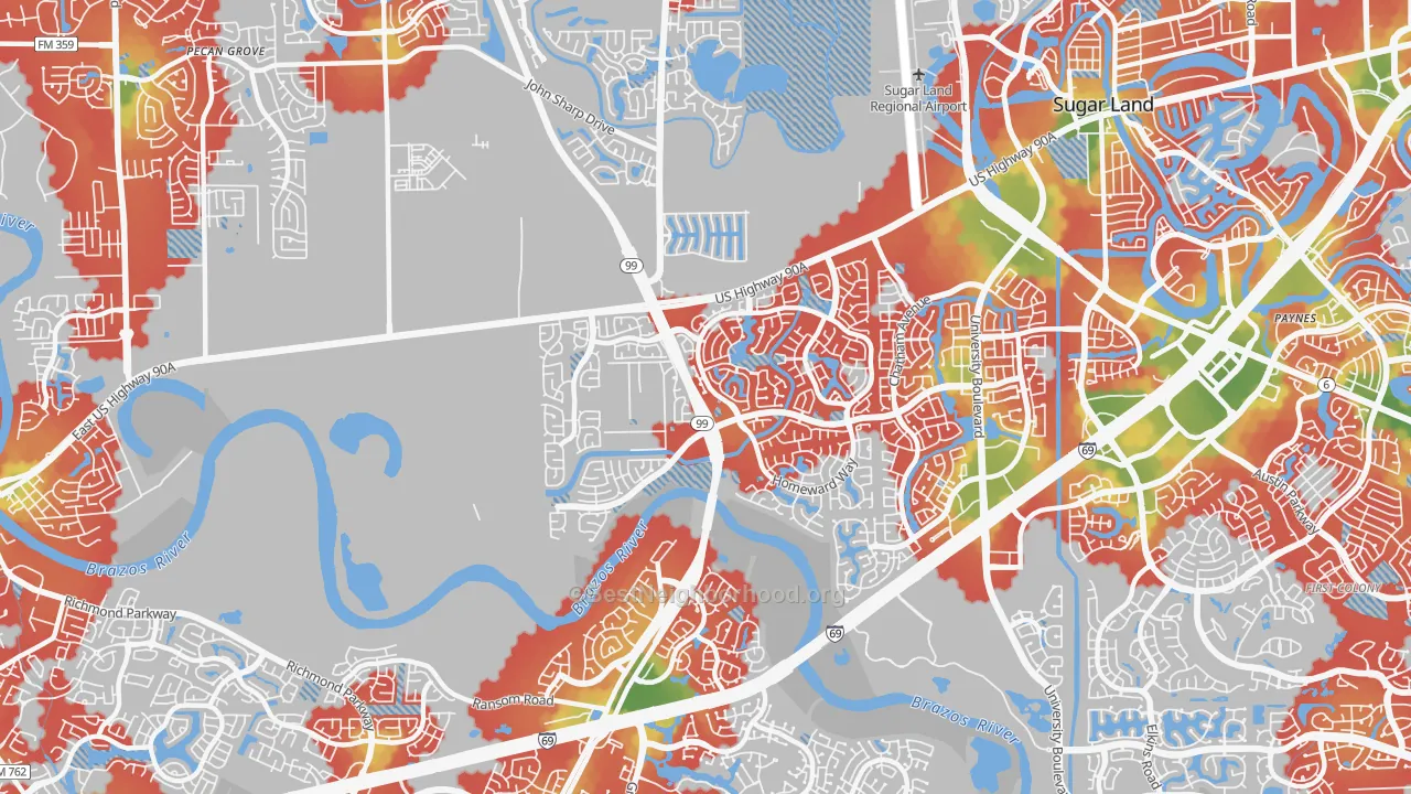 Walk Grade map of New Territory, TX, walkable areas in green and car-dependent areas in red