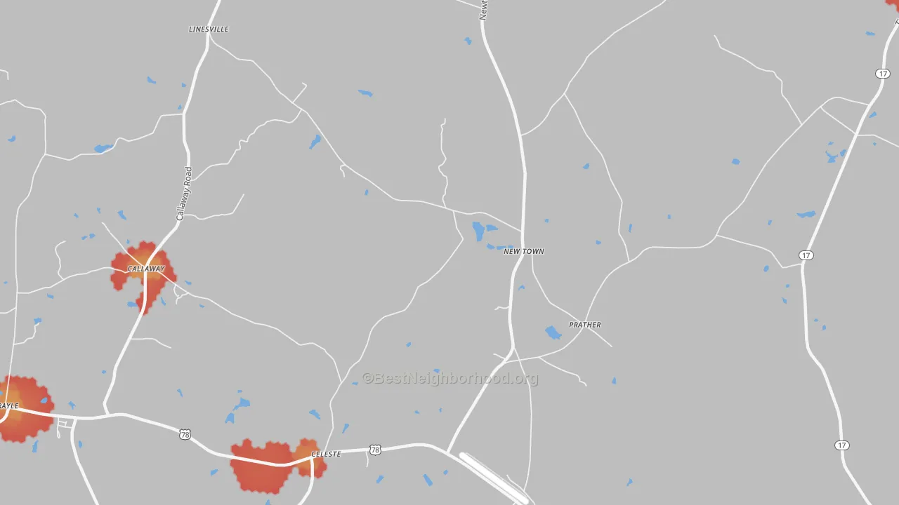 Walk Grade map of New Town, GA, walkable areas in green and car-dependent areas in red
