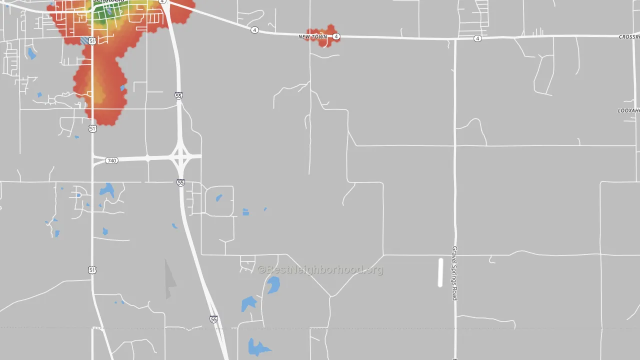 Walk Grade map of New Town, MS, walkable areas in green and car-dependent areas in red