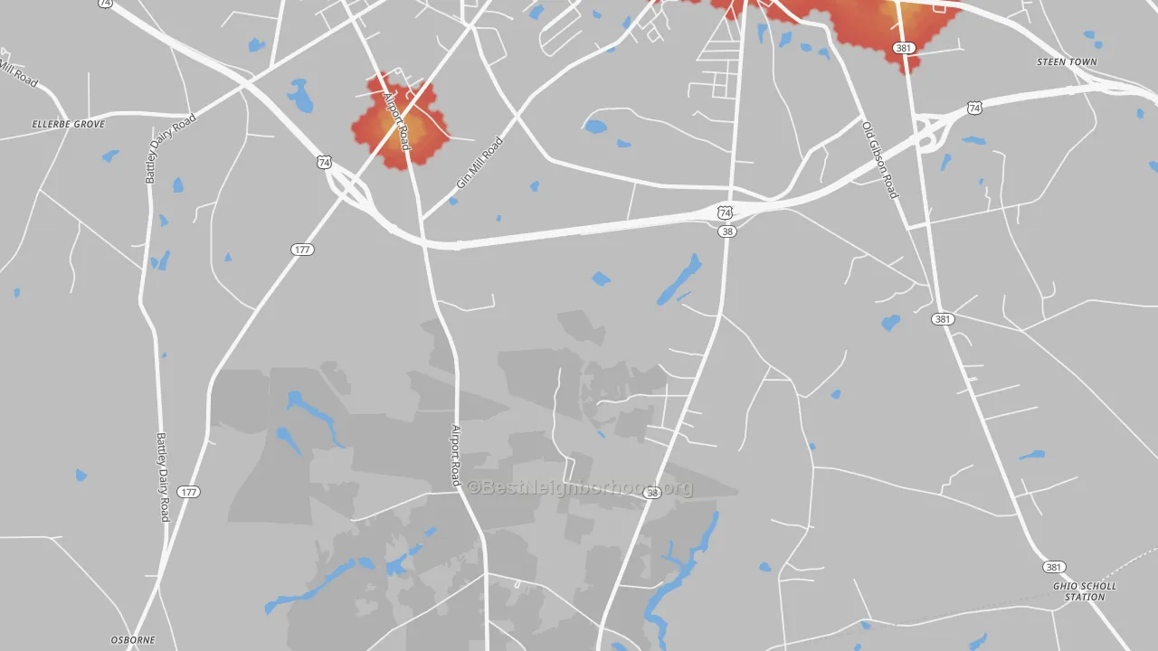 Walk Grade map of New Town, NC, walkable areas in green and car-dependent areas in red