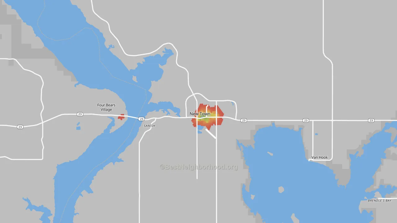 Walk Grade map of New Town, ND, walkable areas in green and car-dependent areas in red