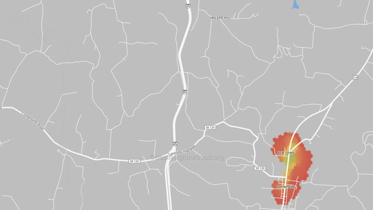 Walk Grade map of New Town, TN, walkable areas in green and car-dependent areas in red