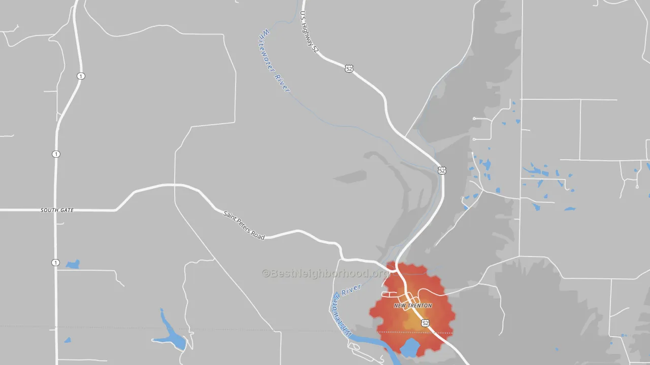 Walk Grade map of New Trenton, IN, walkable areas in green and car-dependent areas in red