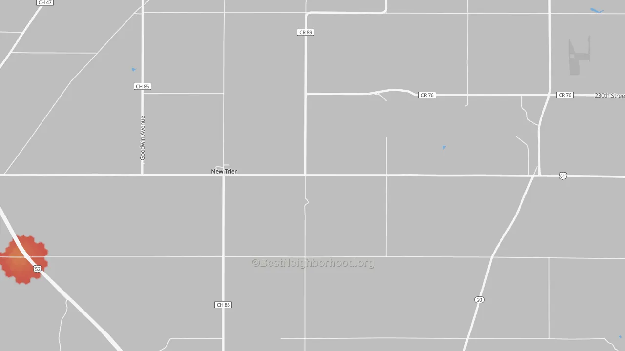 Walk Grade map of New Trier, MN, walkable areas in green and car-dependent areas in red