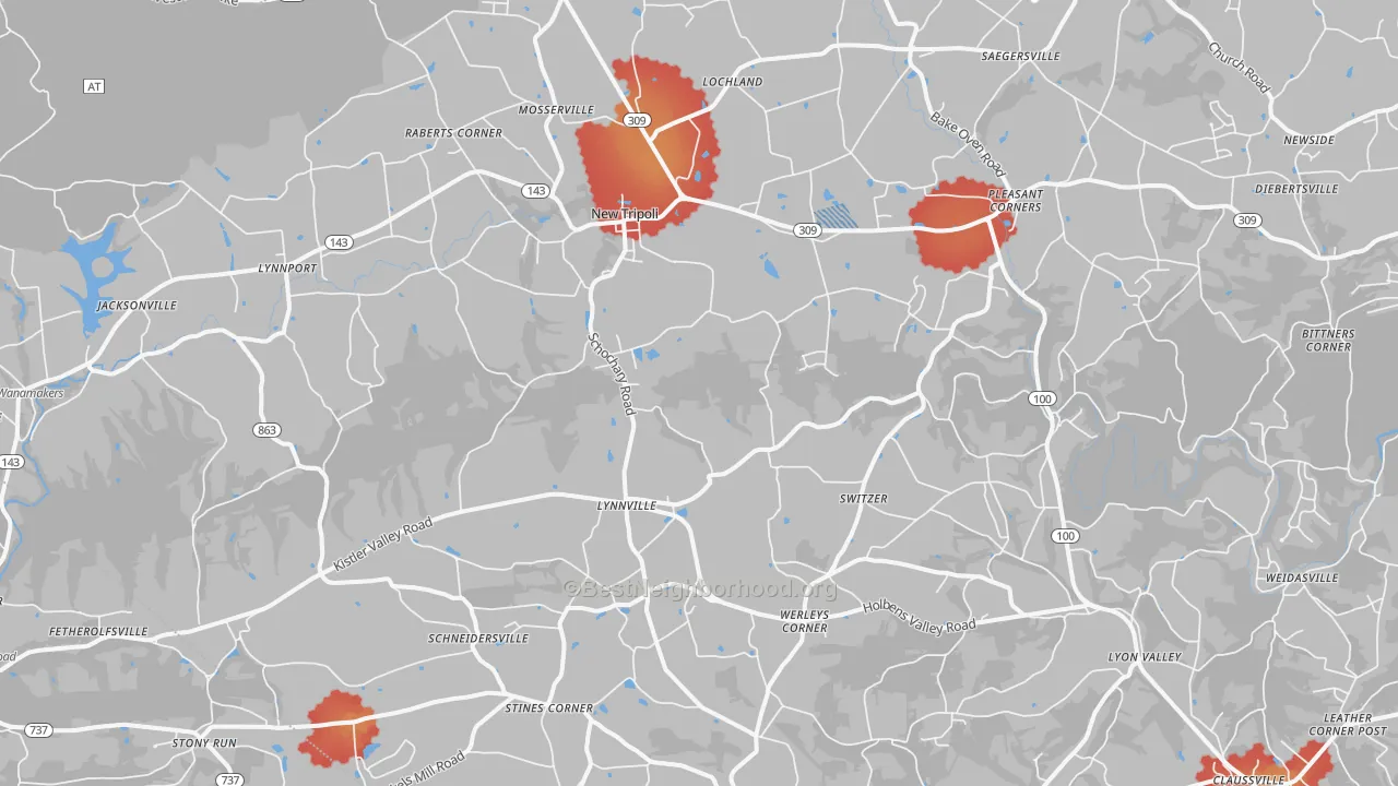 Walk Grade map of New Tripoli, PA, walkable areas in green and car-dependent areas in red