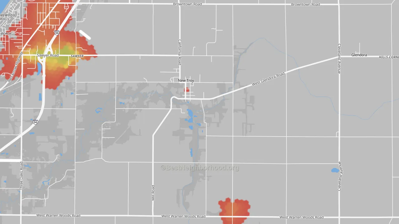 Walk Grade map of New Troy, MI, walkable areas in green and car-dependent areas in red