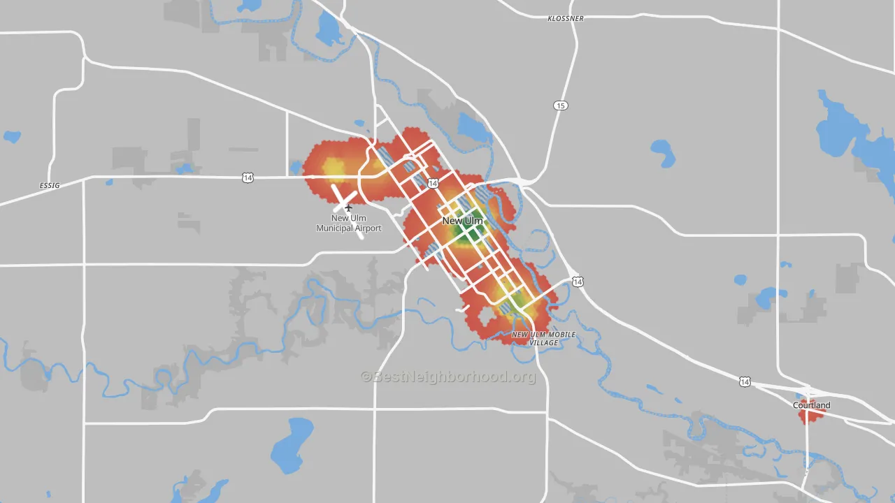 Walk Grade map of New Ulm, MN, walkable areas in green and car-dependent areas in red