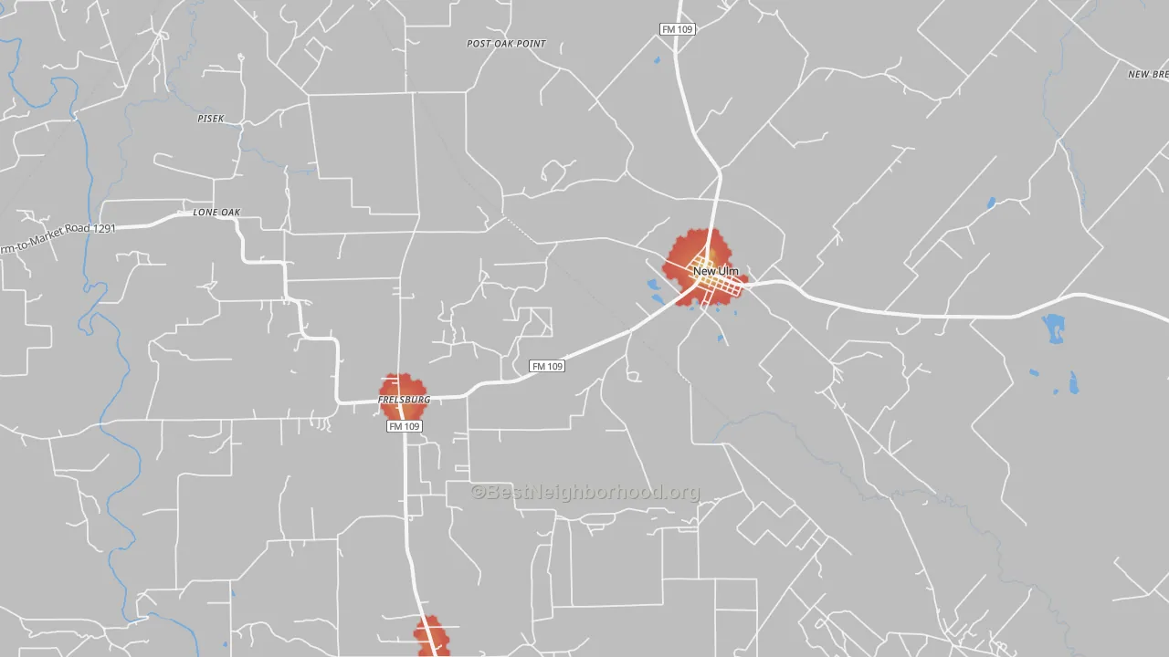 Walk Grade map of New Ulm, TX, walkable areas in green and car-dependent areas in red
