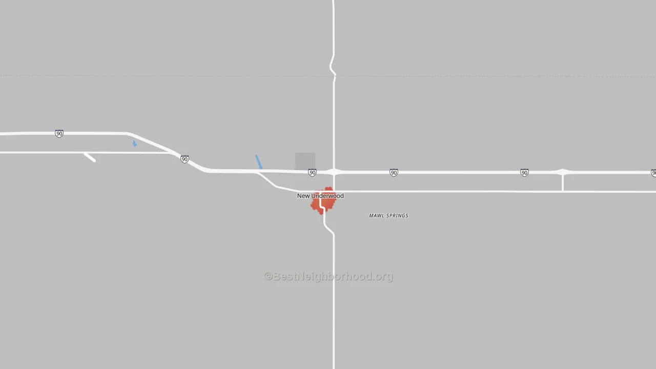 Walk Grade map of New Underwood, SD, walkable areas in green and car-dependent areas in red