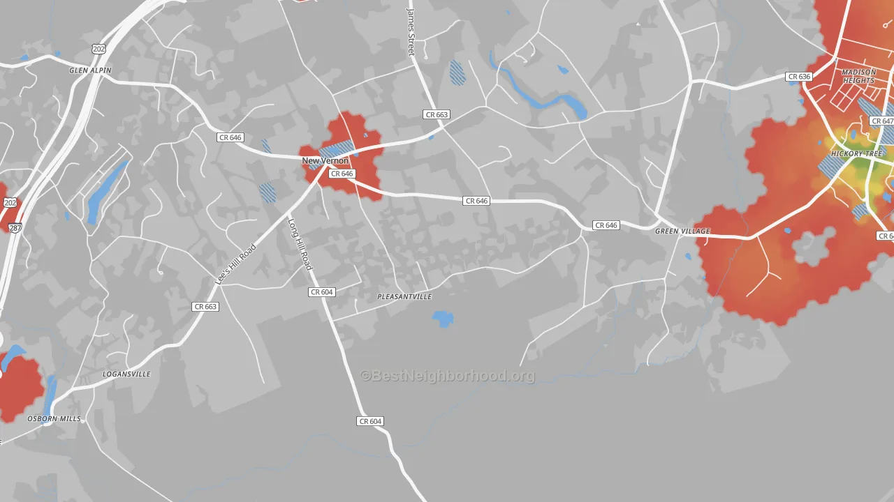 Walk Grade map of New Vernon, NJ, walkable areas in green and car-dependent areas in red