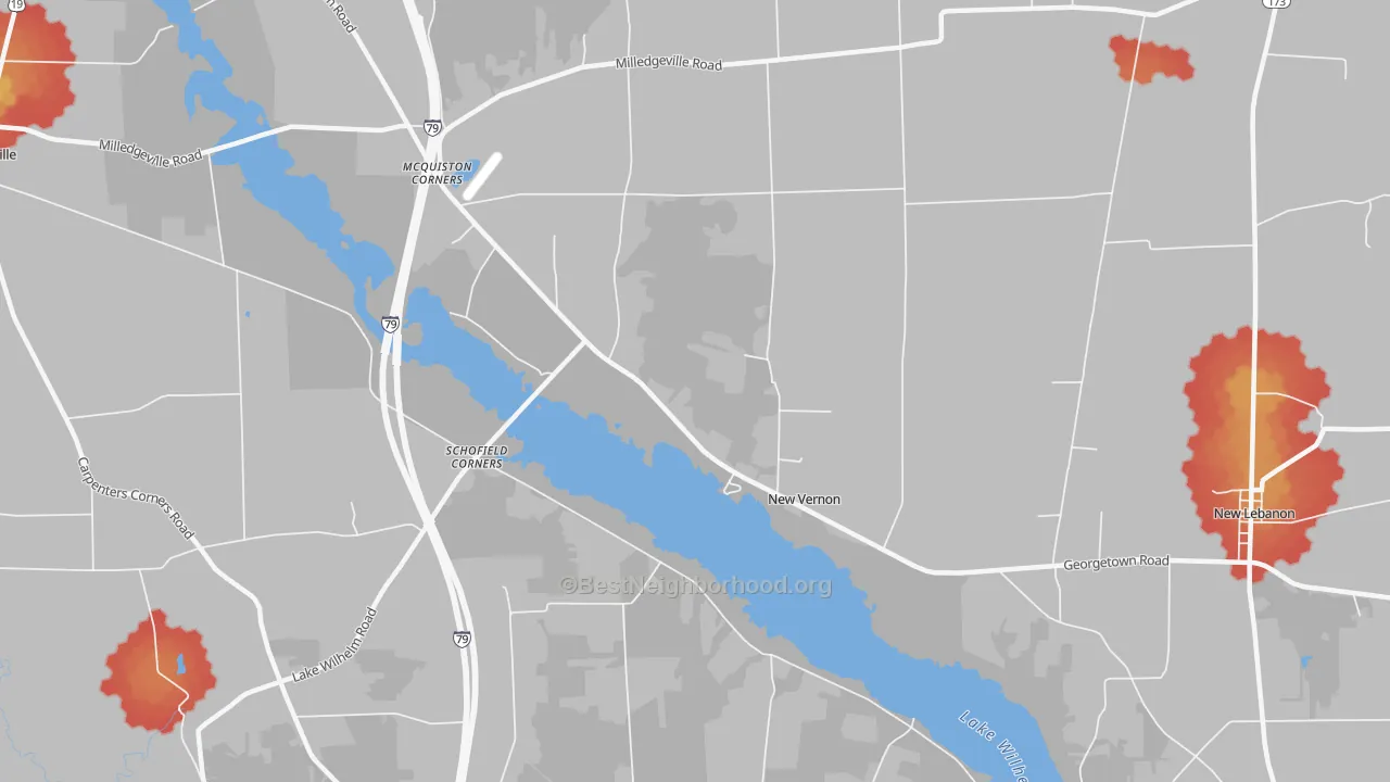 Walk Grade map of New Vernon, PA, walkable areas in green and car-dependent areas in red