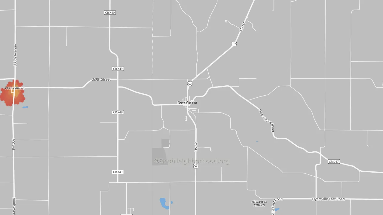 Walk Grade map of New Vienna, IA, walkable areas in green and car-dependent areas in red