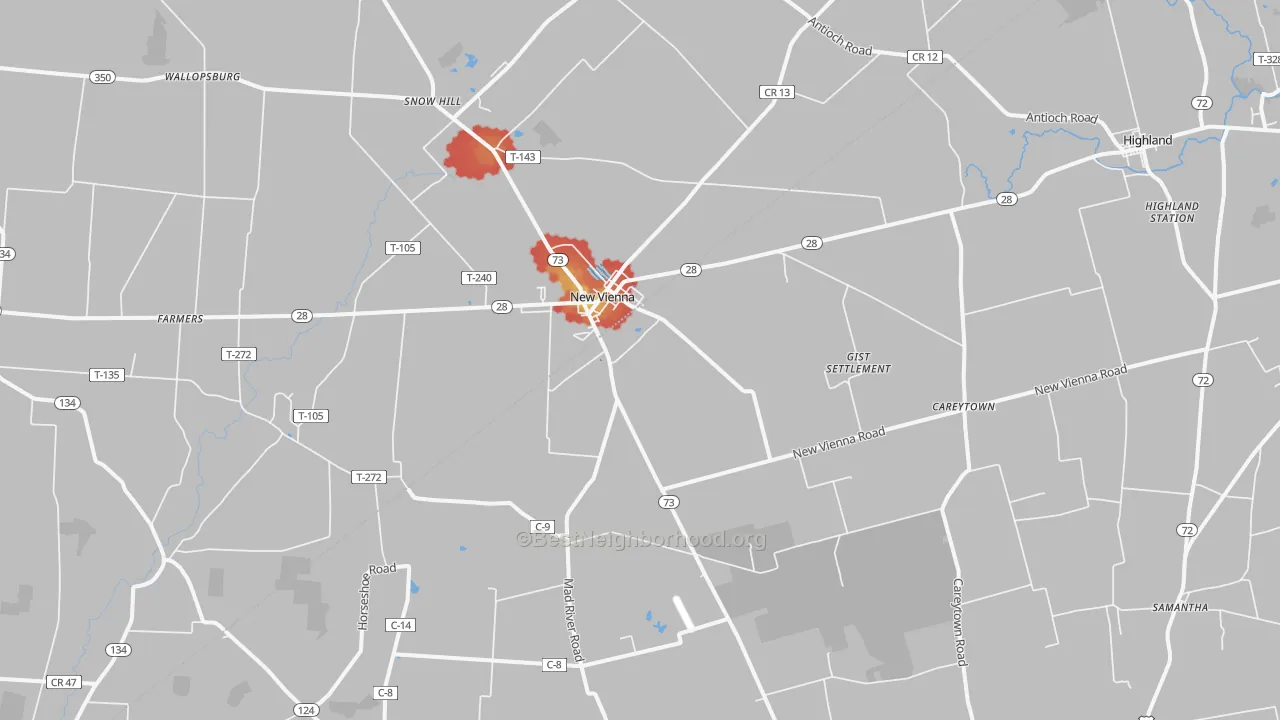 Walk Grade map of New Vienna, OH, walkable areas in green and car-dependent areas in red