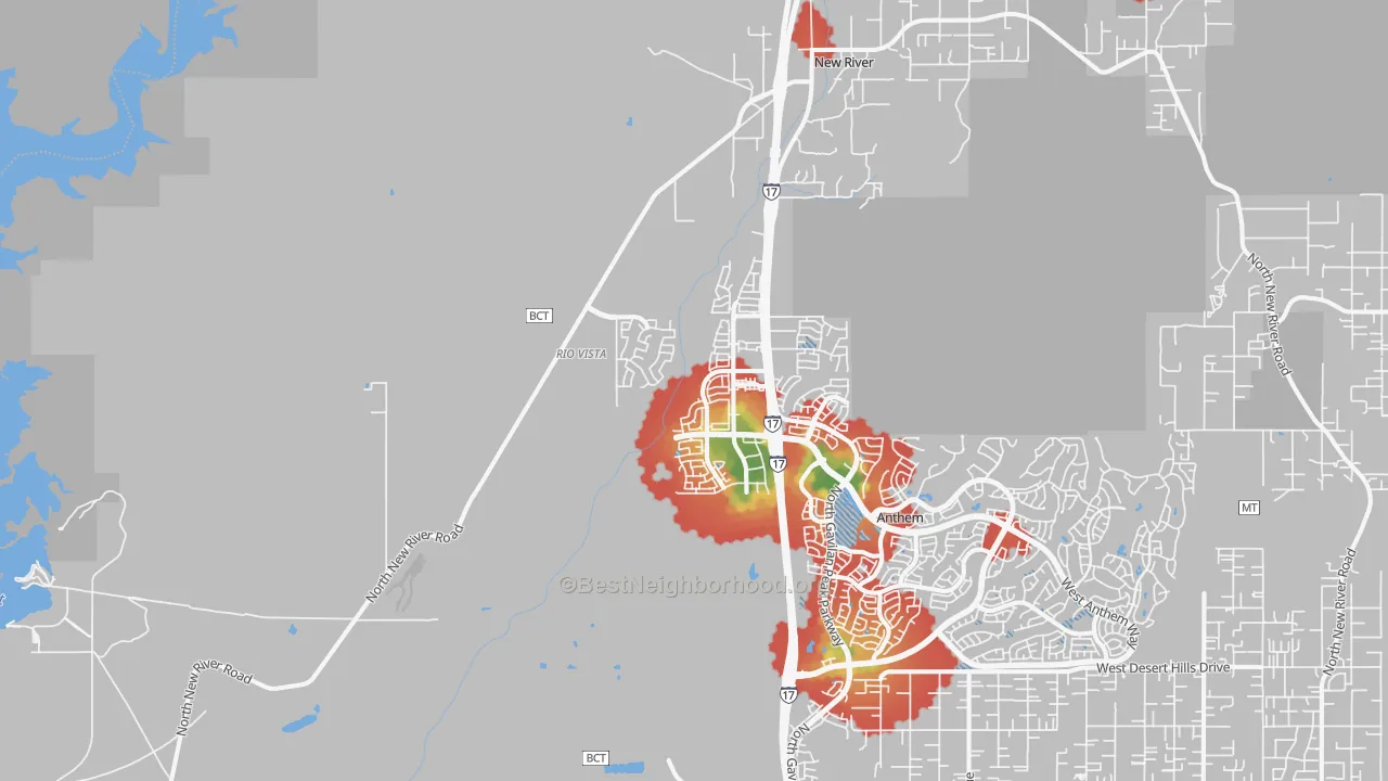 Walk Grade map of New Village, New River, AZ, walkable areas in green and car-dependent areas in red