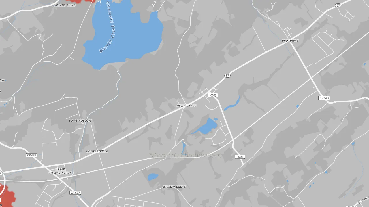 Walk Grade map of New Village, NJ, walkable areas in green and car-dependent areas in red