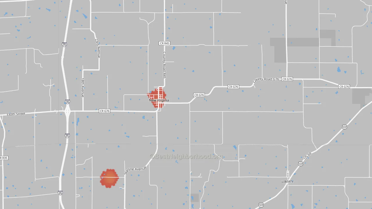 Walk Grade map of New Virginia, IA, walkable areas in green and car-dependent areas in red