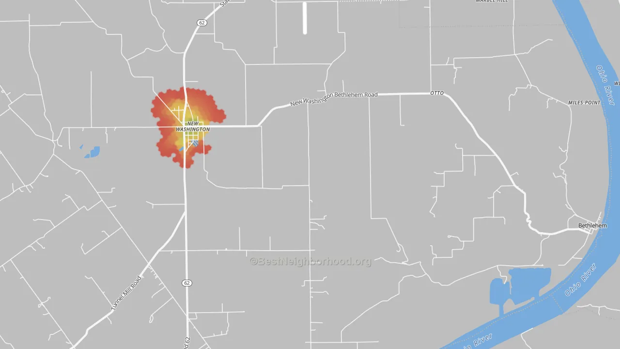 Walk Grade map of New Washington, IN, walkable areas in green and car-dependent areas in red