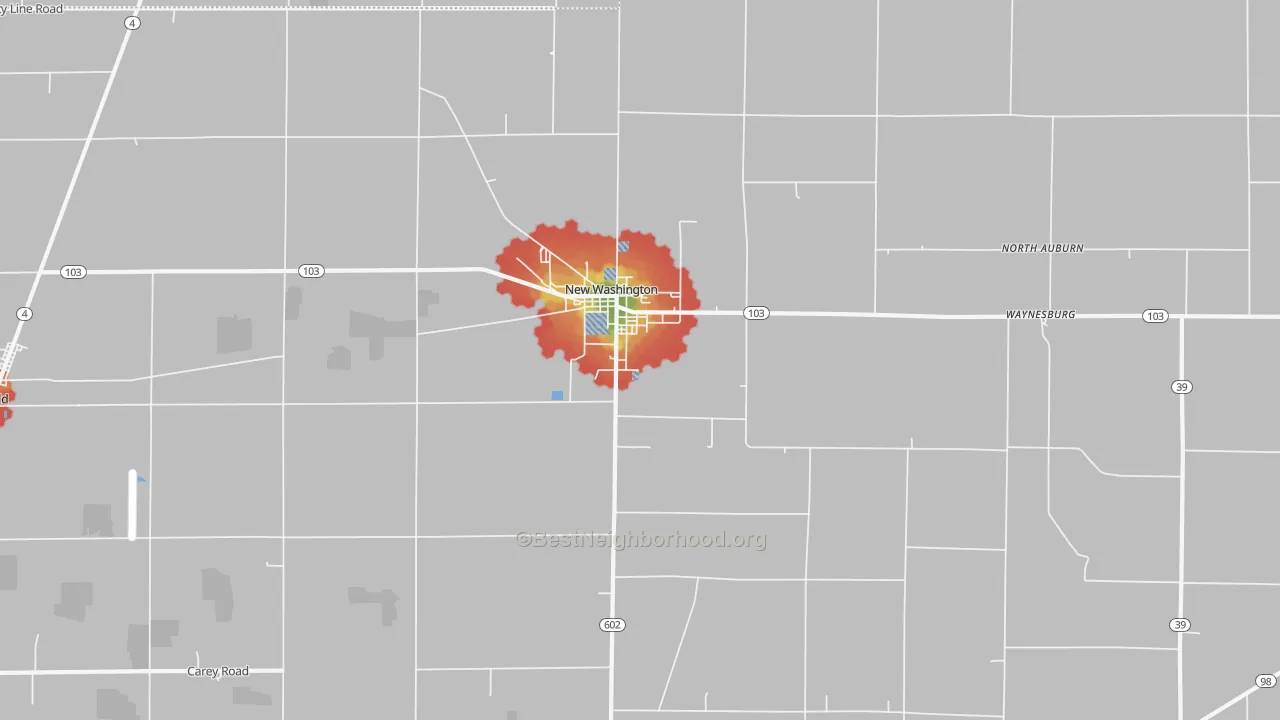 Walk Grade map of New Washington, OH, walkable areas in green and car-dependent areas in red