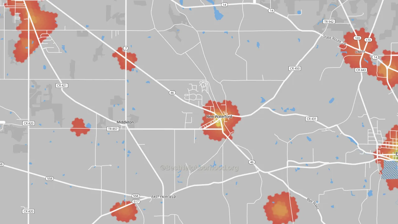 Walk Grade map of New Waterford, OH, walkable areas in green and car-dependent areas in red