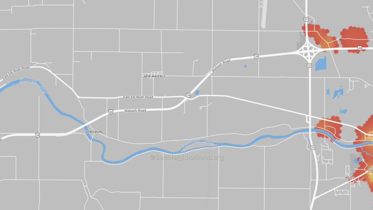Walk Grade map of New Waverly, IN, walkable areas in green and car-dependent areas in red