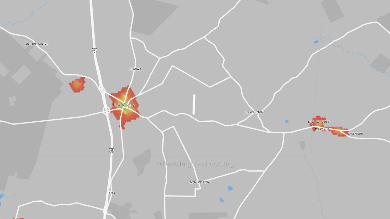 Walk Grade map of New Waverly, TX, walkable areas in green and car-dependent areas in red