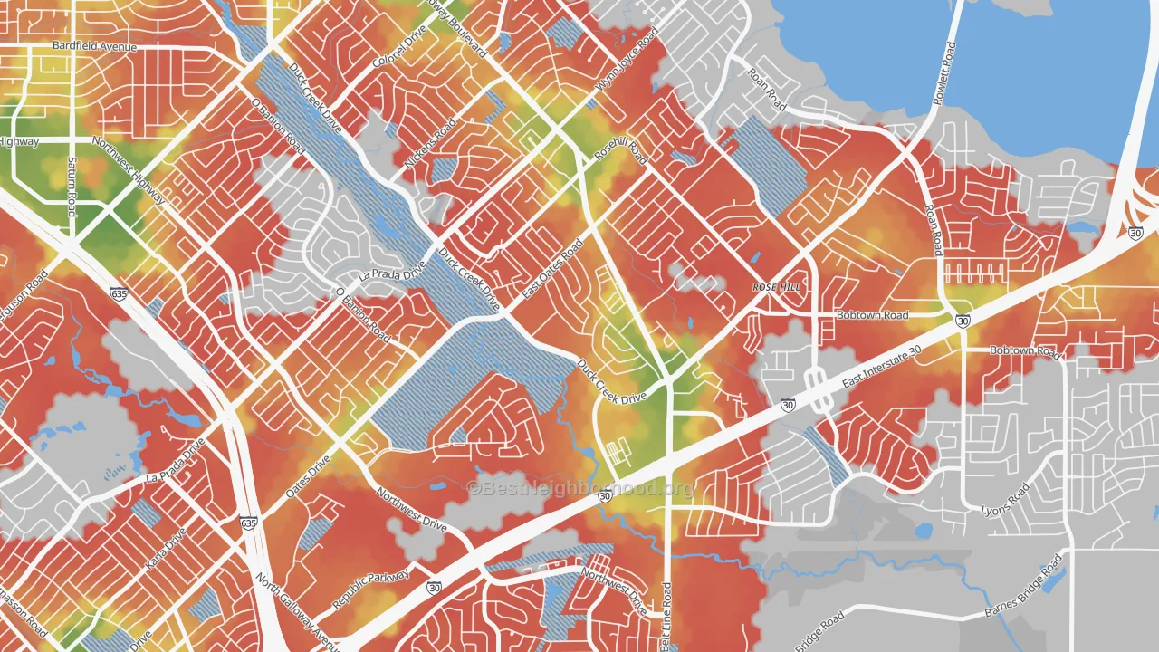 Walk Grade map of New West, Garland, TX, walkable areas in green and car-dependent areas in red