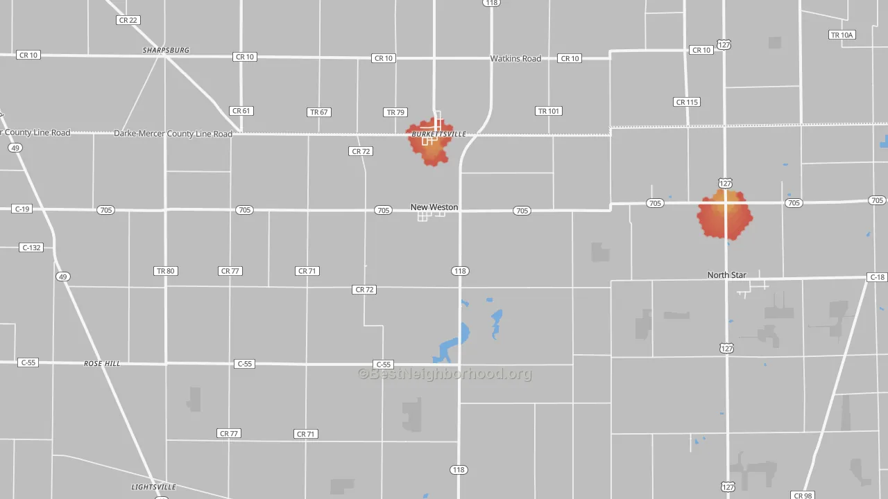 Walk Grade map of New Weston, OH, walkable areas in green and car-dependent areas in red