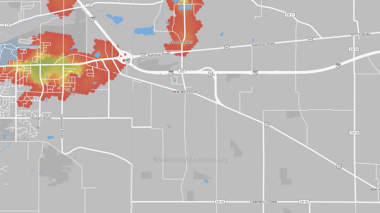 Walk Grade map of New Westville, OH, walkable areas in green and car-dependent areas in red