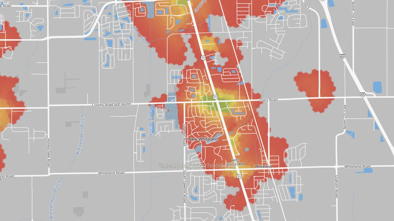Walk Grade map of New Whiteland, IN, walkable areas in green and car-dependent areas in red