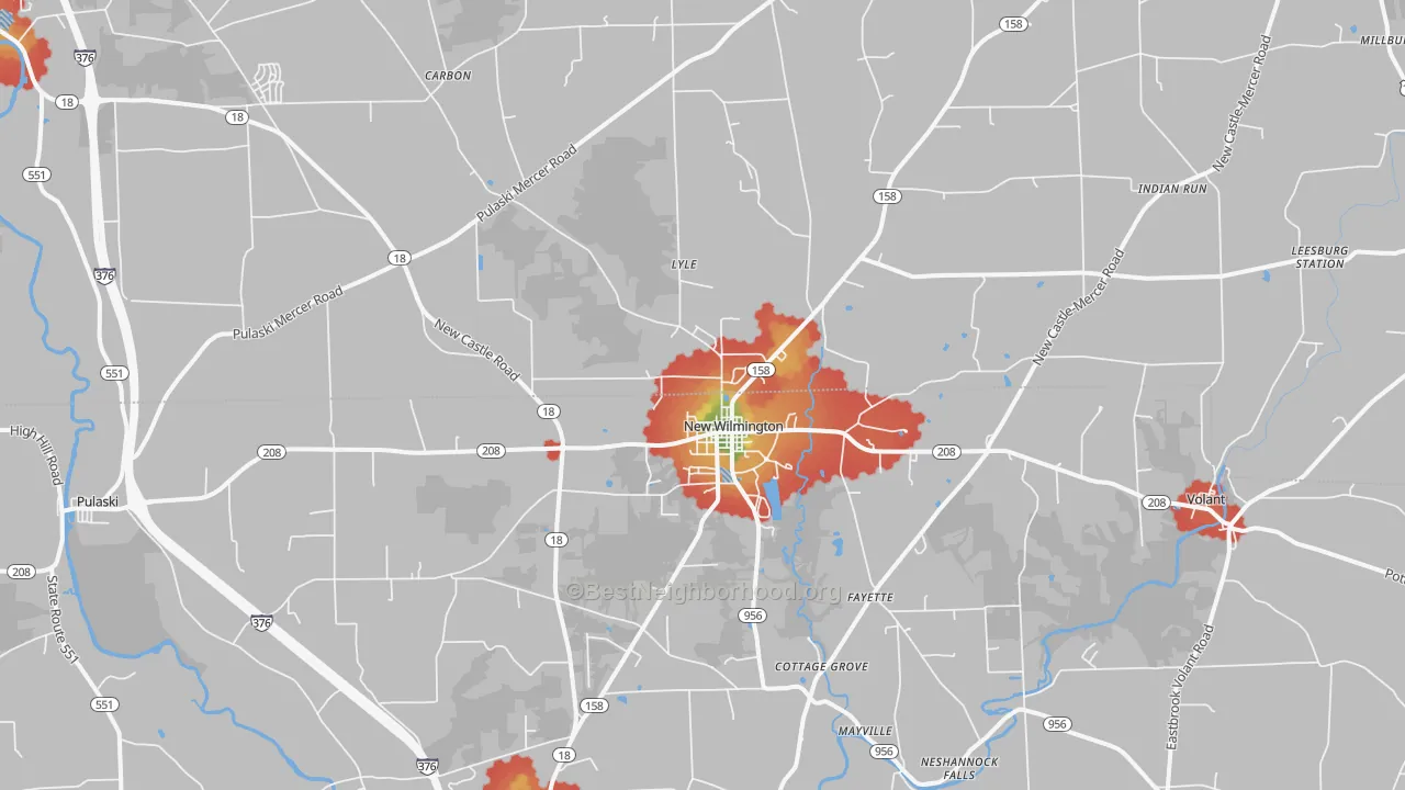 Walk Grade map of New Wilmington, PA, walkable areas in green and car-dependent areas in red
