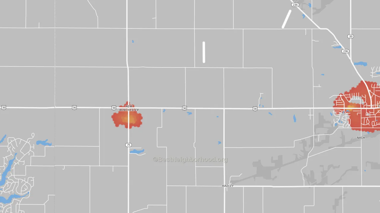 Walk Grade map of New Winchester, IN, walkable areas in green and car-dependent areas in red
