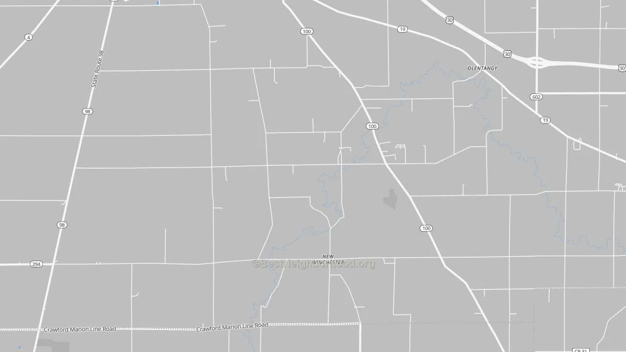 Walk Grade map of New Winchester, OH, walkable areas in green and car-dependent areas in red