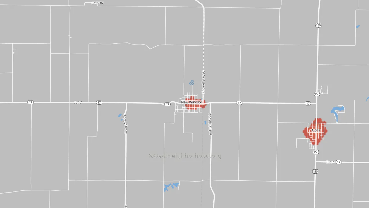 Walk Grade map of New Windsor, IL, walkable areas in green and car-dependent areas in red