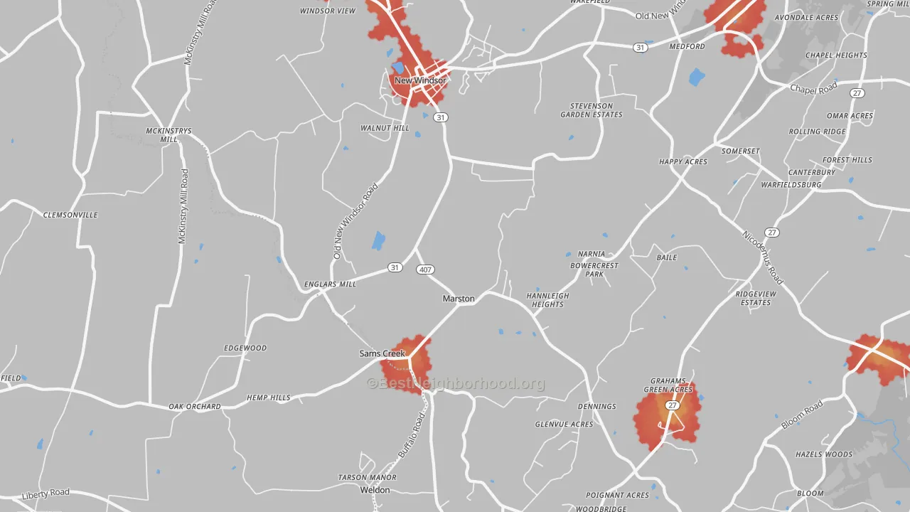 Walk Grade map of New Windsor, MD, walkable areas in green and car-dependent areas in red