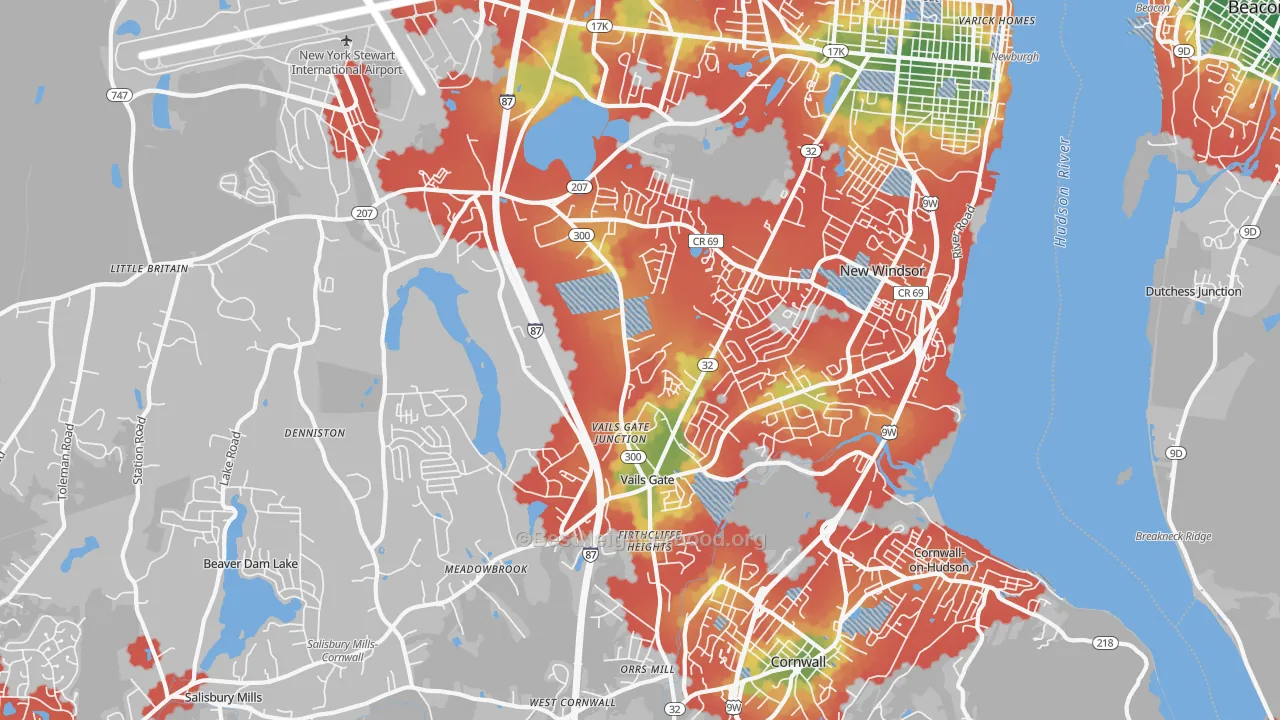 Walk Grade map of New Windsor, NY, walkable areas in green and car-dependent areas in red