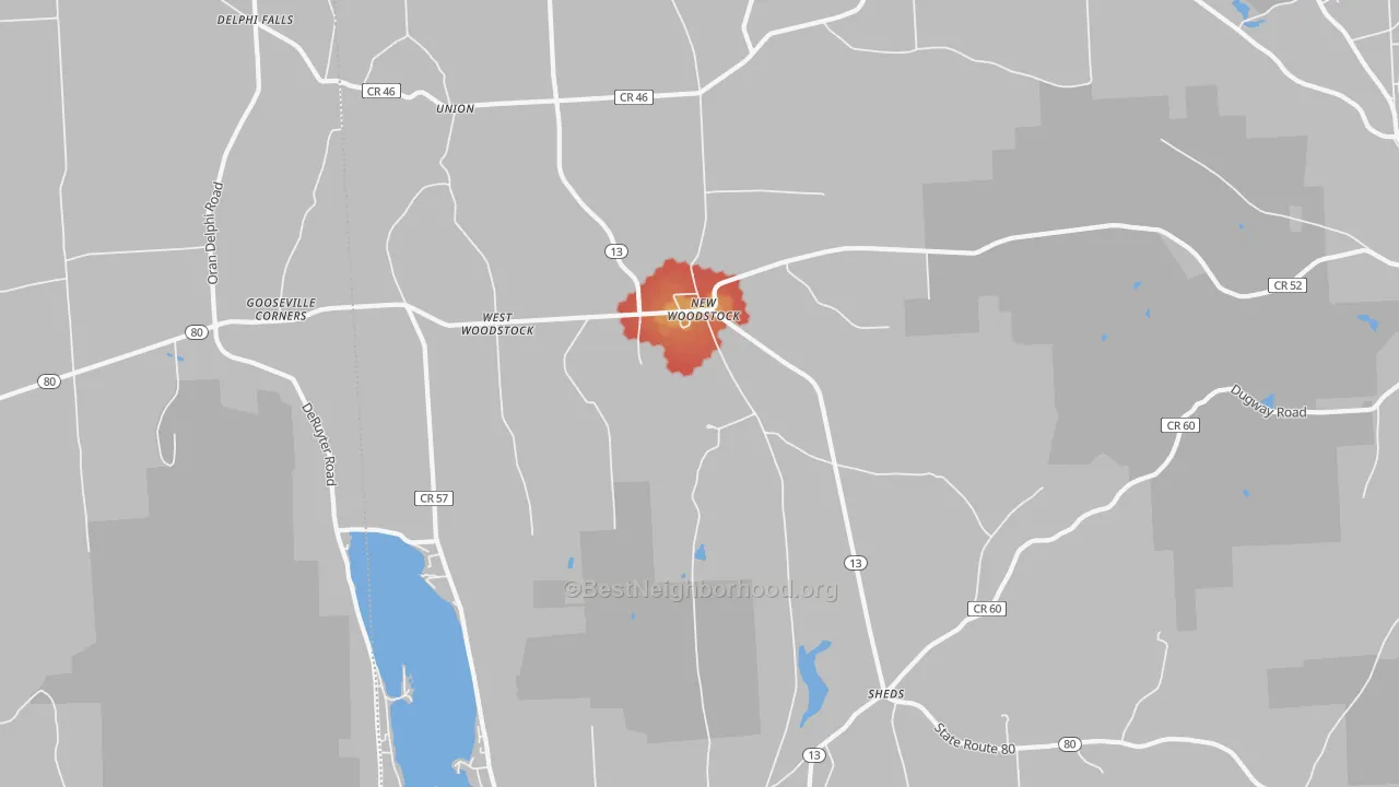 Walk Grade map of New Woodstock, NY, walkable areas in green and car-dependent areas in red