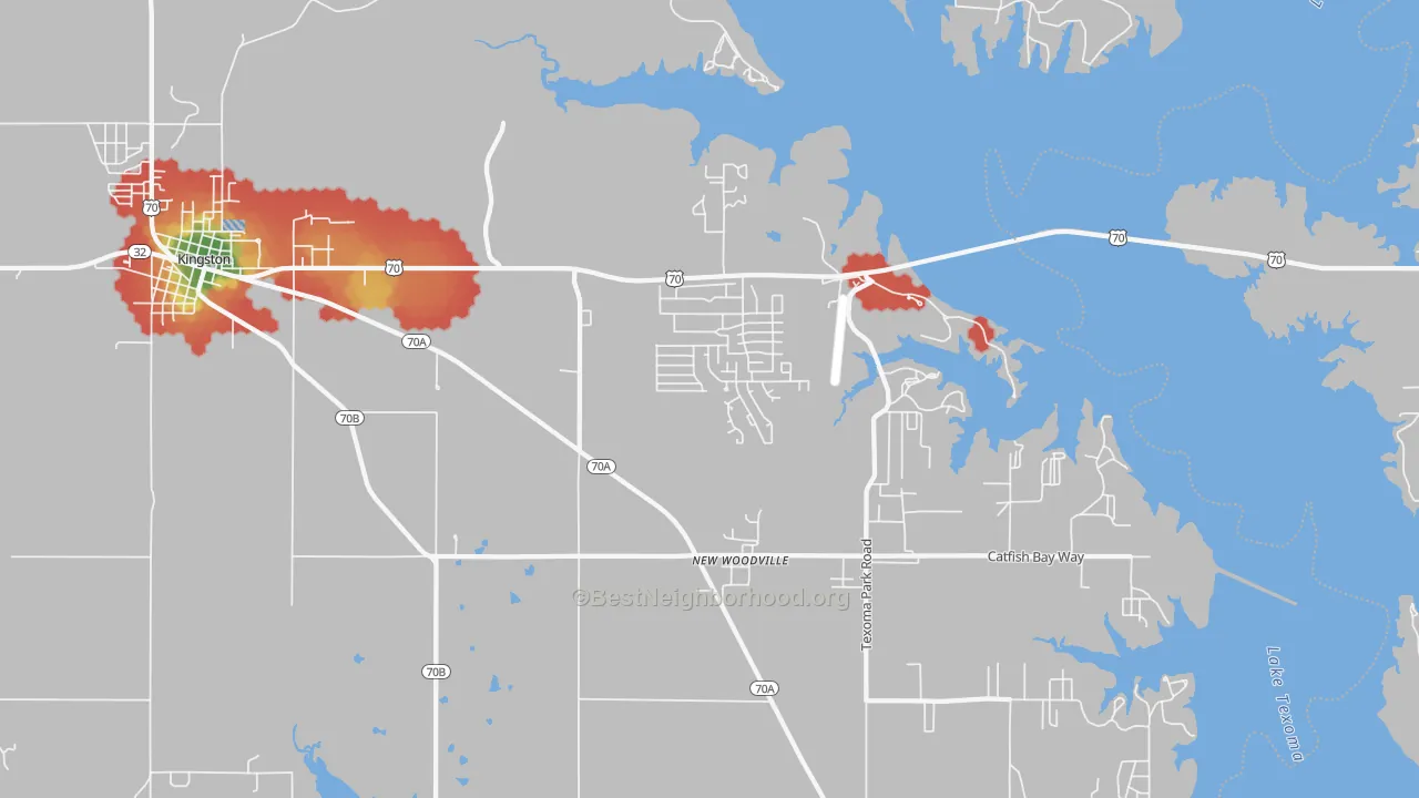 Walk Grade map of New Woodville, OK, walkable areas in green and car-dependent areas in red