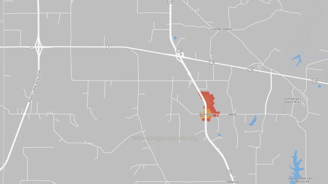 Walk Grade map of New Wren, MS, walkable areas in green and car-dependent areas in red