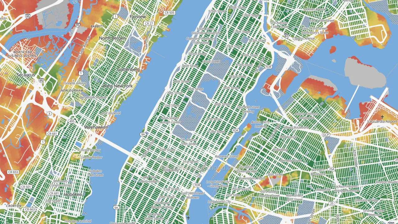 Walk Grade map of New York County, NY, walkable areas in green and car-dependent areas in red