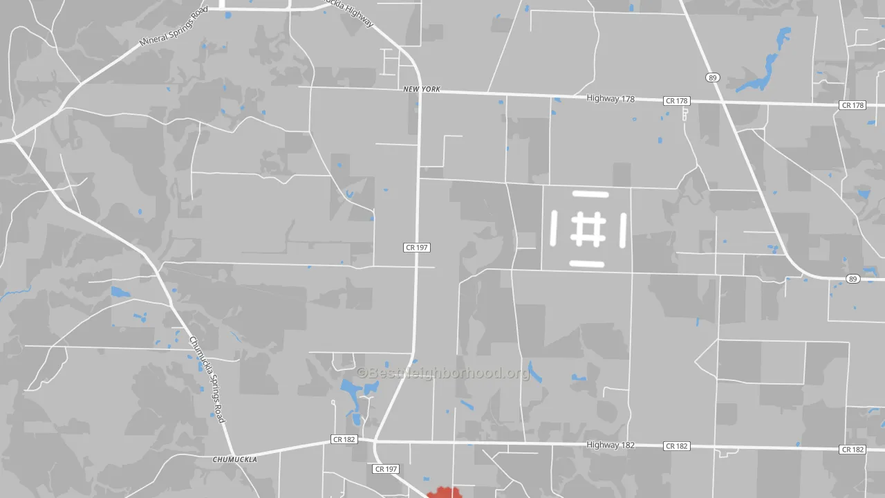 Walk Grade map of New York, FL, walkable areas in green and car-dependent areas in red