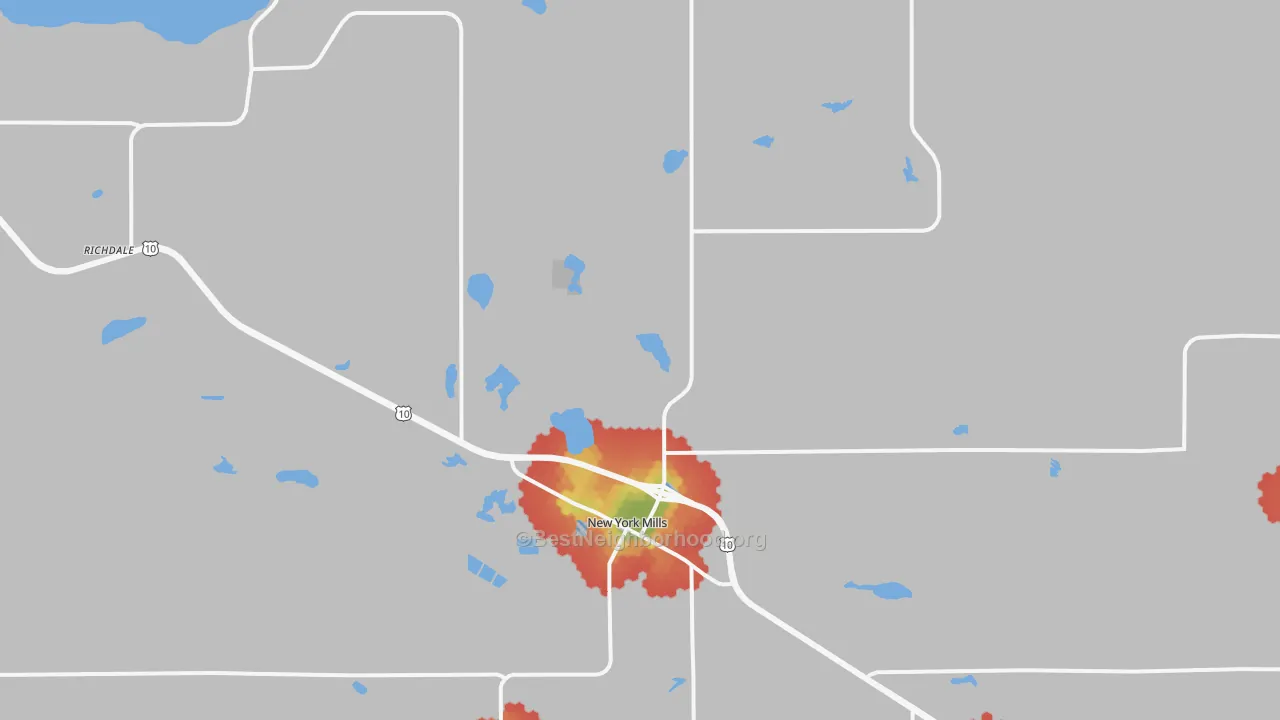 Walk Grade map of New York Mills, MN, walkable areas in green and car-dependent areas in red