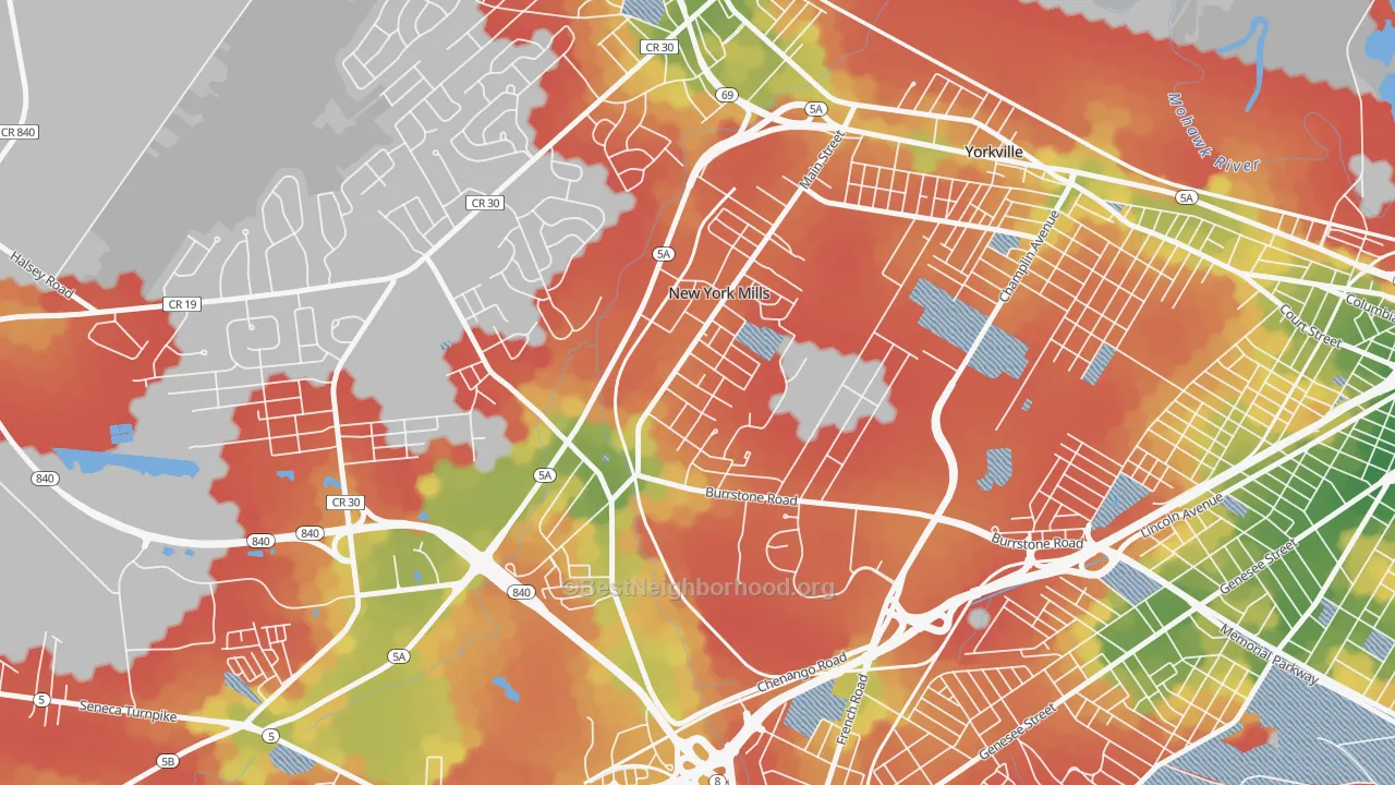 Walk Grade map of New York Mills, NY, walkable areas in green and car-dependent areas in red