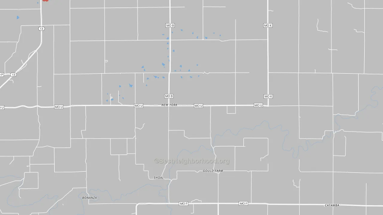 Walk Grade map of New York, MO, walkable areas in green and car-dependent areas in red