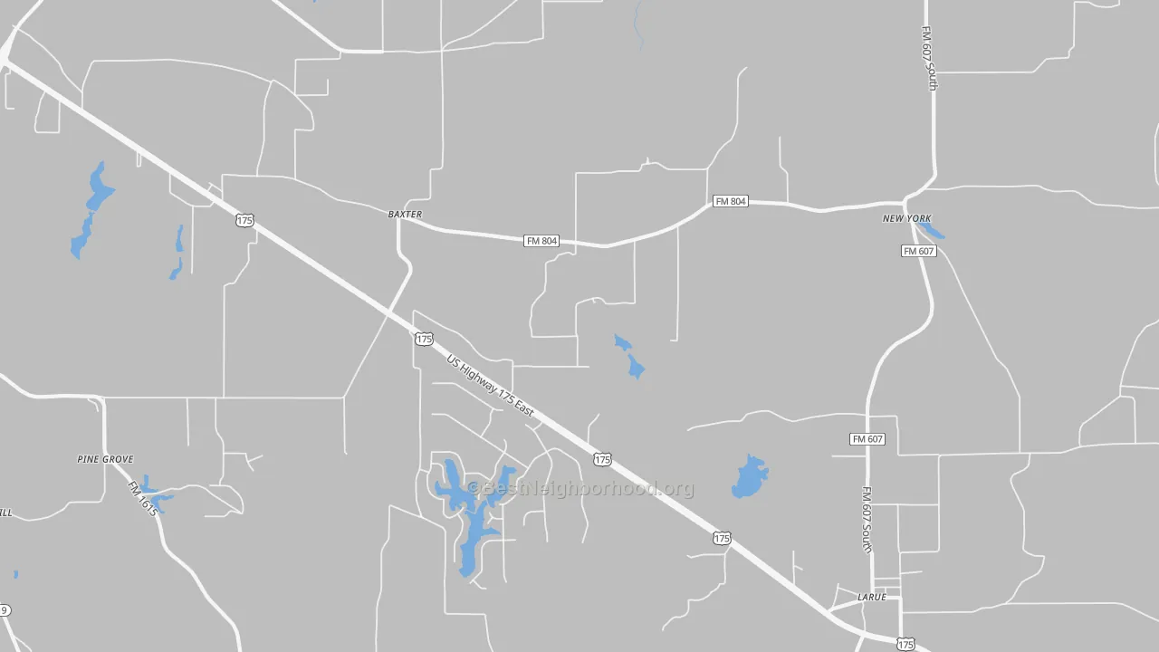 Walk Grade map of New York, TX, walkable areas in green and car-dependent areas in red