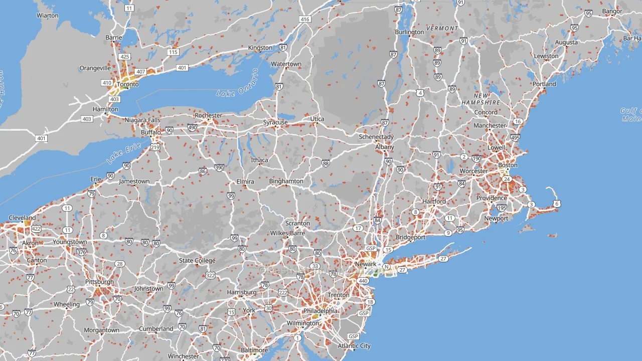 Walk Grade map of New York, walkable areas in green and car-dependent areas in red