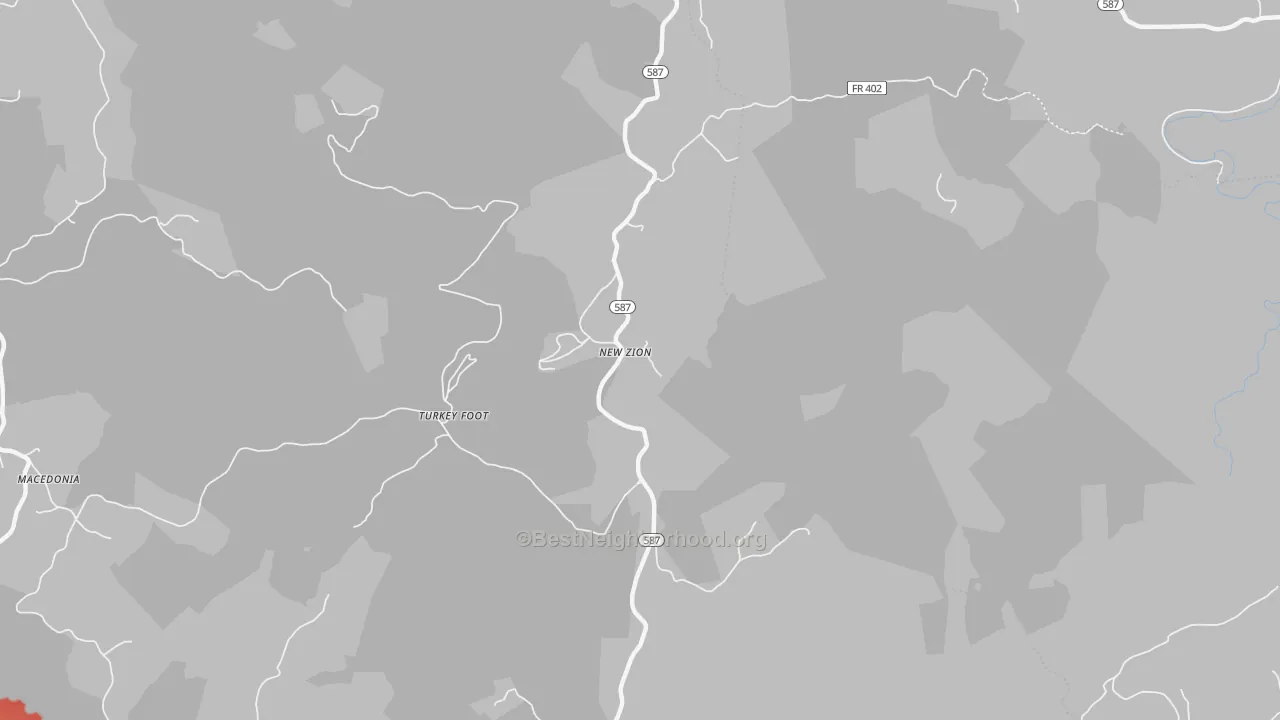 Walk Grade map of New Zion, KY, walkable areas in green and car-dependent areas in red