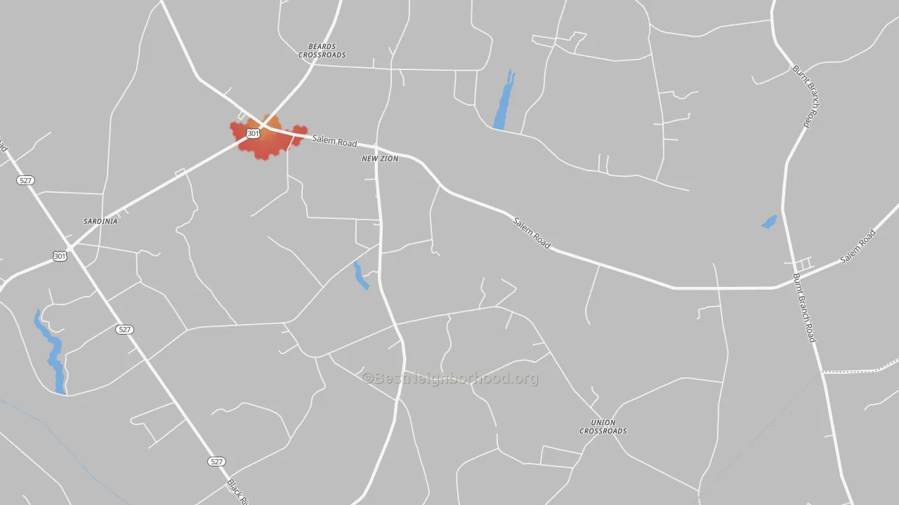 Walk Grade map of New Zion, SC, walkable areas in green and car-dependent areas in red