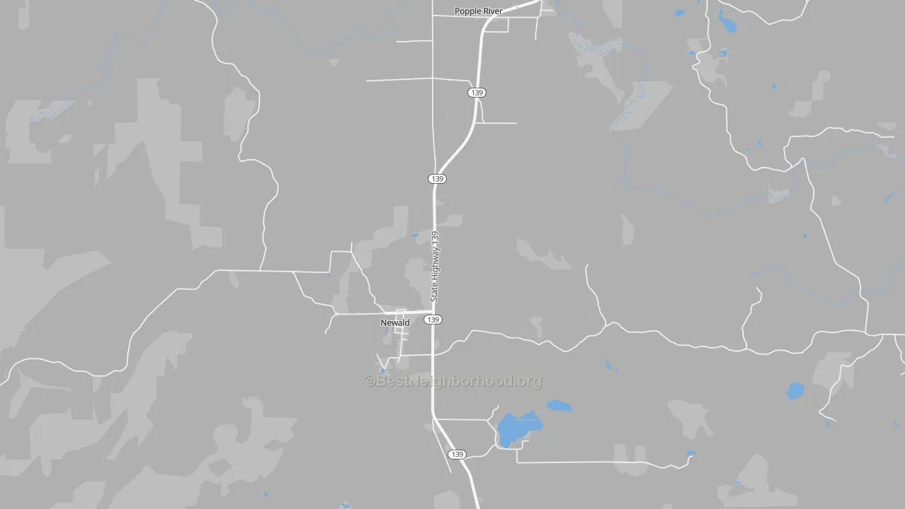 Walk Grade map of Newald, WI, walkable areas in green and car-dependent areas in red