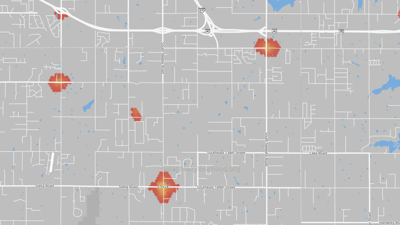 Walk Grade map of Newalla, OK, walkable areas in green and car-dependent areas in red