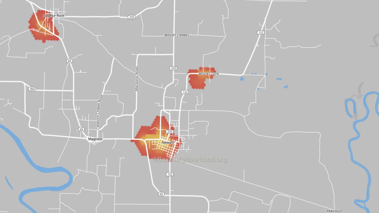 Walk Grade map of Newark, AR, walkable areas in green and car-dependent areas in red
